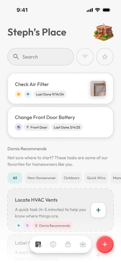 Domis home tab — Steph’s Place with upcoming tasks and Domis Recommends