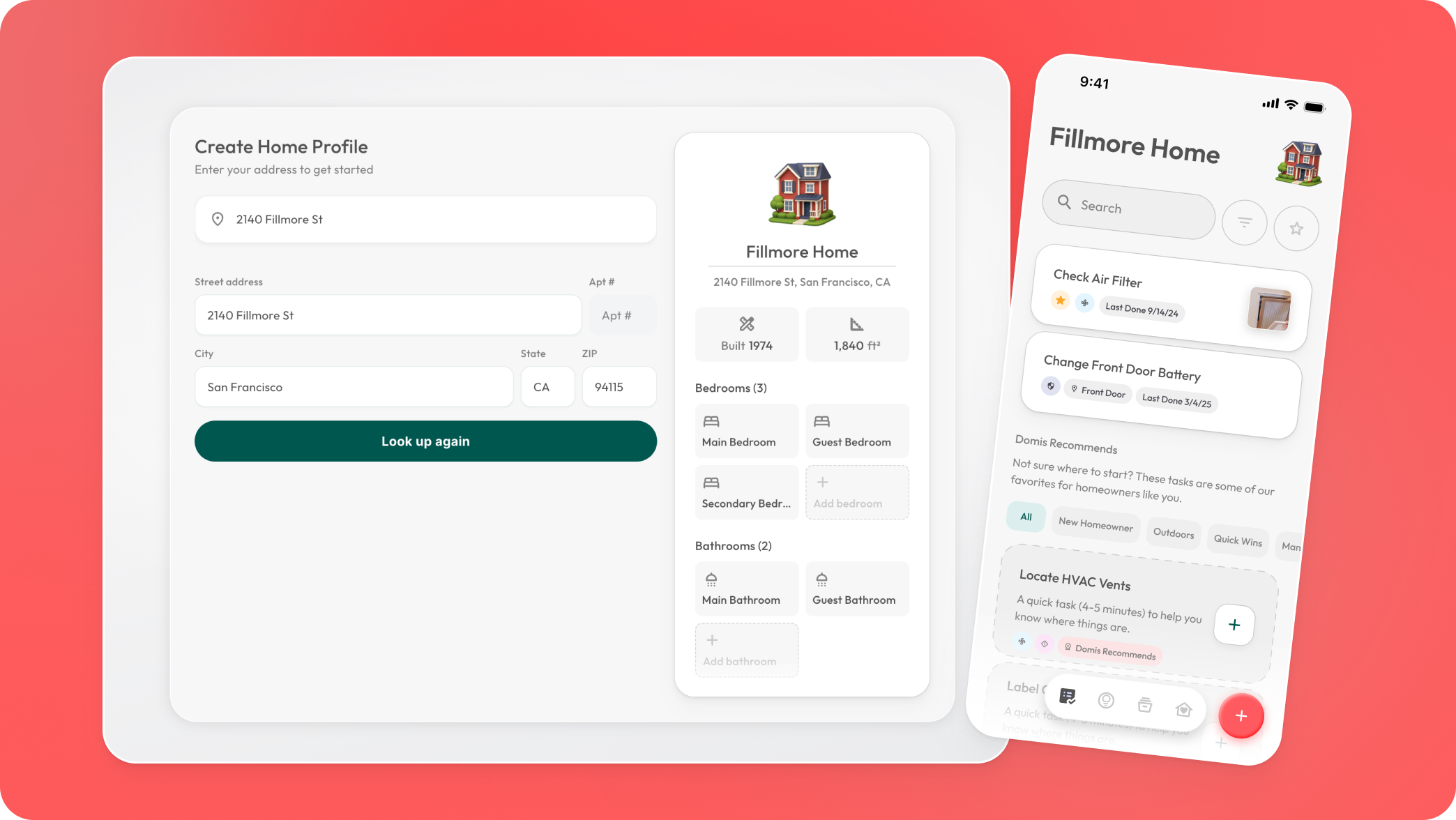 Domis create home profile on web beside the home tab on mobile