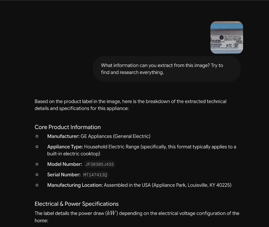 Gemini chat extracting manufacturer, model, and serial from an appliance label photo