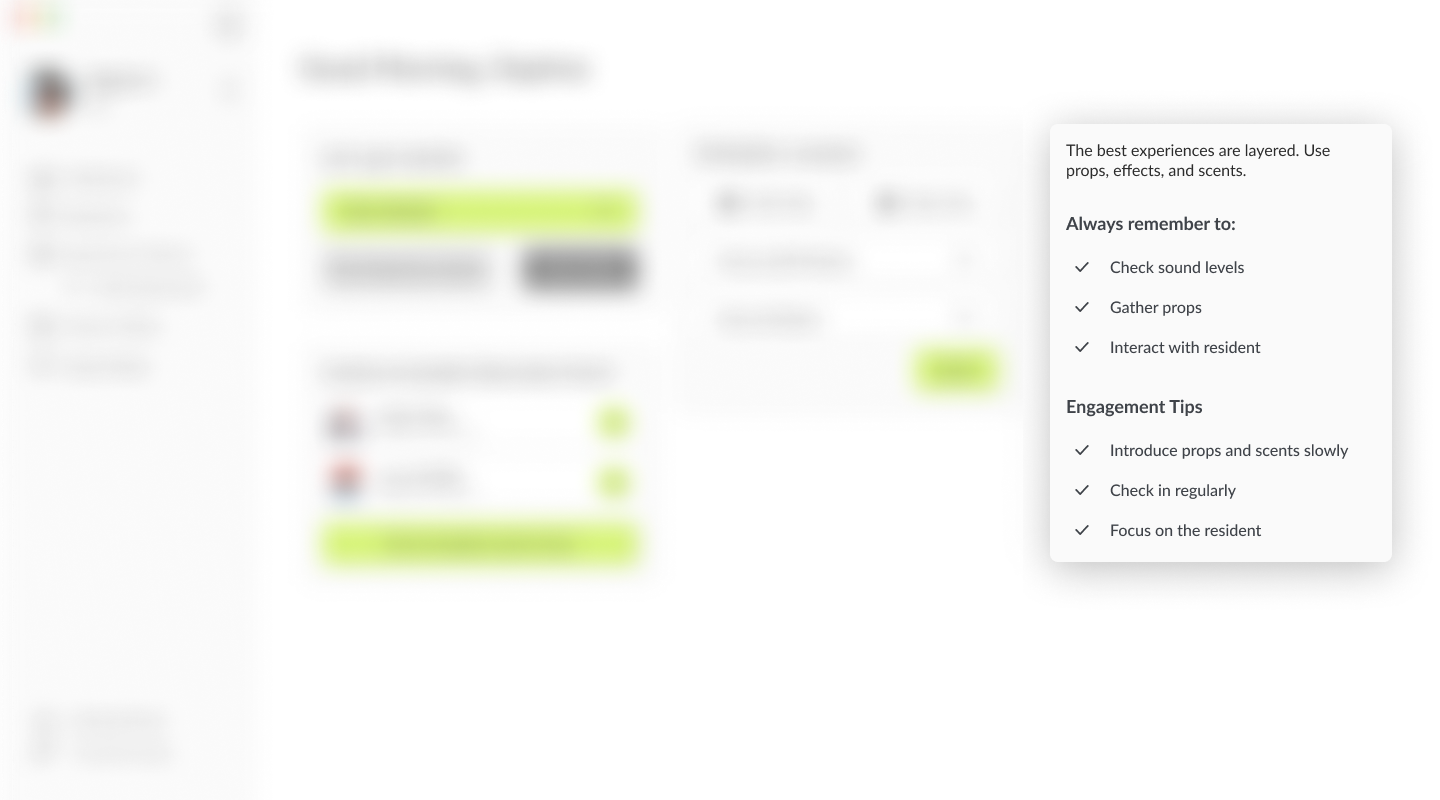 Dashboard UI after cognitive load work: engagement tips and simplified session controls surfaced first