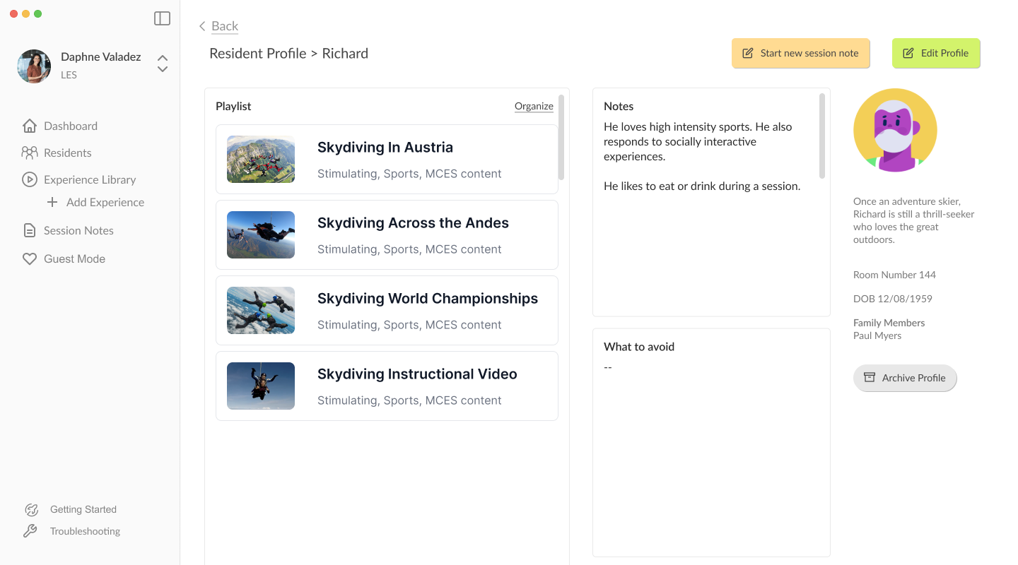 Resident profile with staff notes and preferences surfaced for session planning