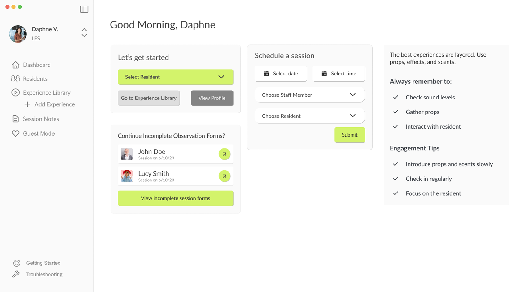 Caregiver dashboard: morning greeting, resident selection, session scheduling, incomplete observation forms, and layered experience guidance with engagement tips